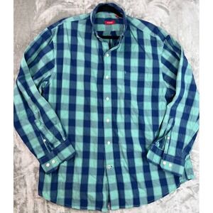 IZOD‎ Mens Plaid Green Blue Button Down L/S SHIRT  XL 100% Cotton EUC